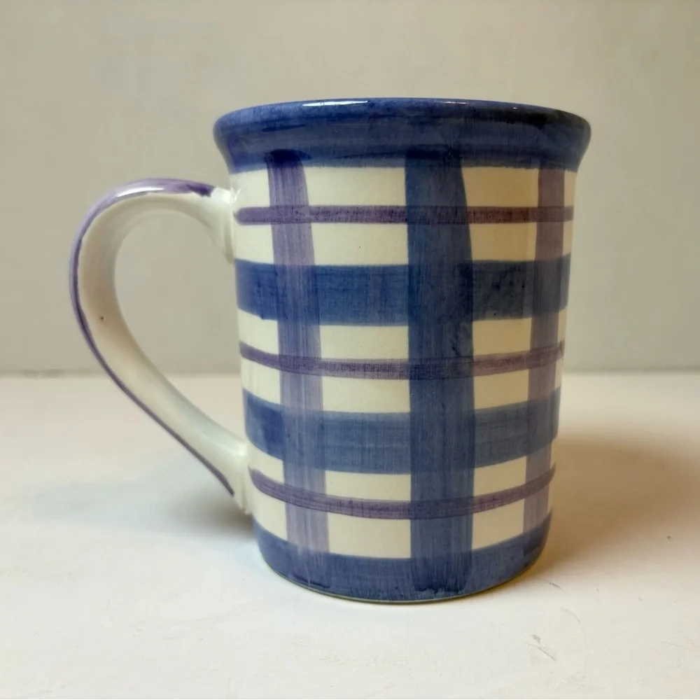 Smuckers vintage hand painted blue purple & white gingham 18 oz. coffee mug